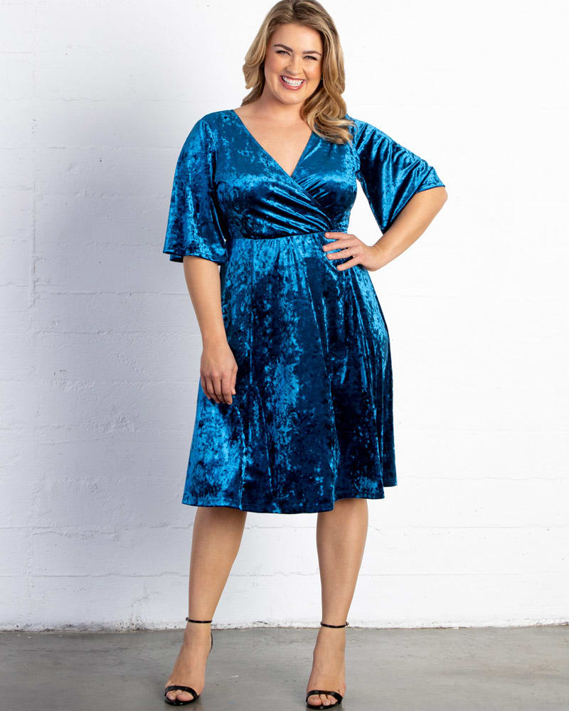 Front of a model wearing a size 0X Fit and Flair Velvet Dress in SAPPHIRE by Kiyonna. | dia_product_style_image_id:227637